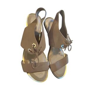 Michael Kors Tan Suede Slingback Block Heel Sandals Lace Up Flower Eyelets Gold